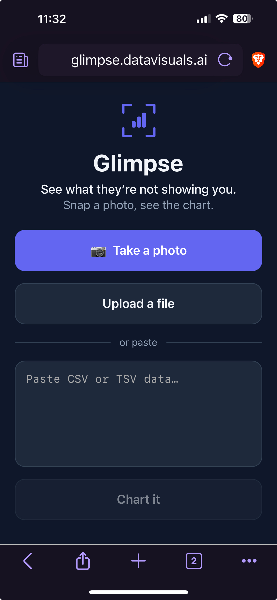 The Glimpse app home screen: take a photo, upload a file, or paste data to get a chart.